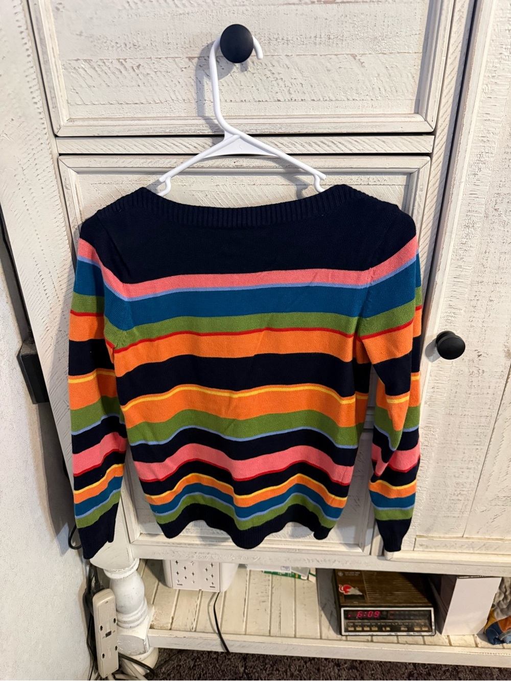Talbots Navy Sweater with Pink, Orange, Green & Blue Stripes